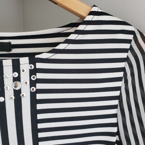 Alfani Striped Top With Sheer Sleeves and Beading. - Picture 2 of 5
